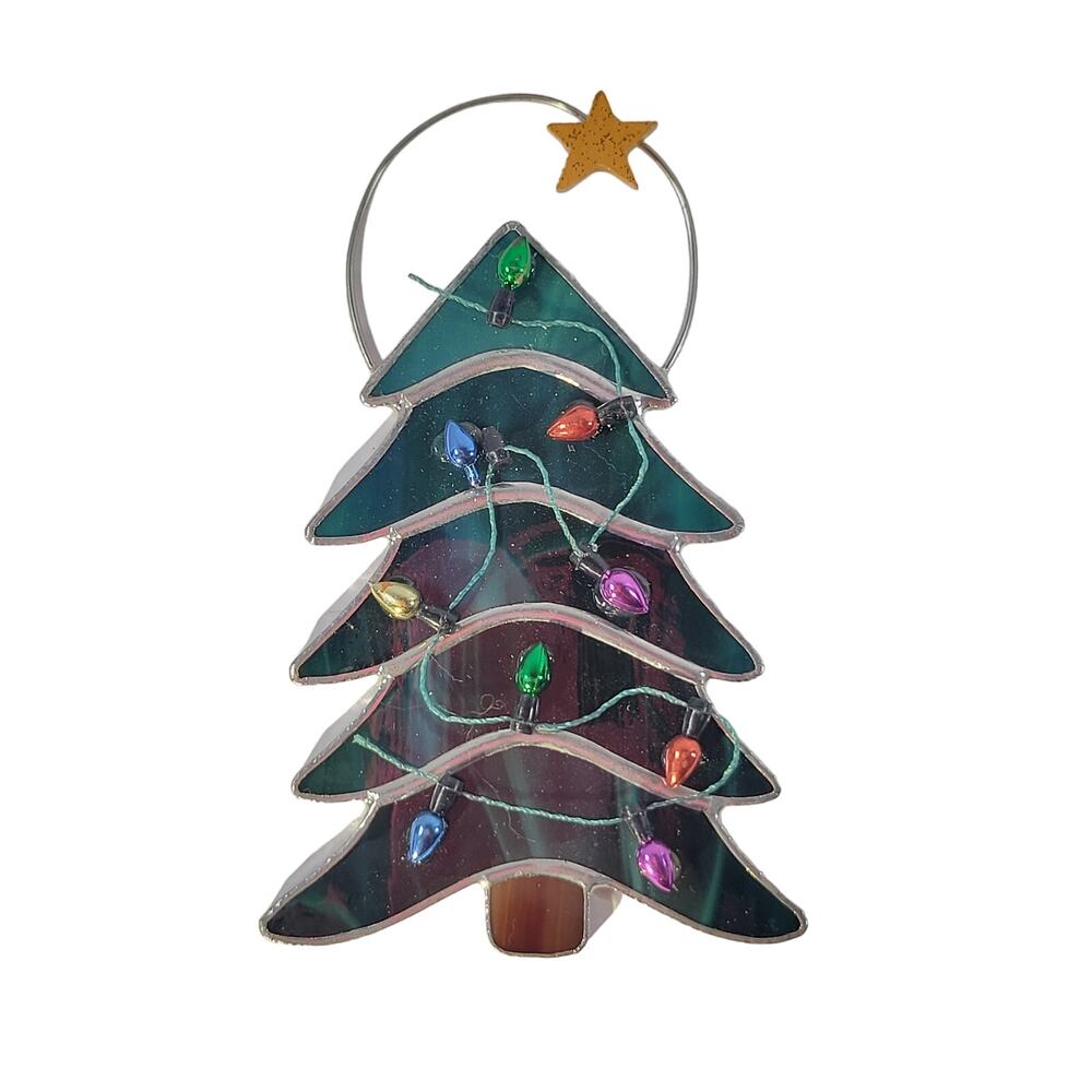Green Stained Glass Christmas Tree Ornament with Multicolor Lights and Star 5"